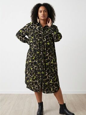 Eloquii Olive & Black Leopard Print Shirt Dress with Neon Yellow Accents
